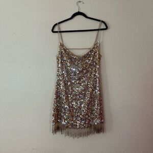 Free People Love Strong Sequin Fringe Beaded Cowl Mini Dress M